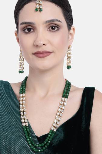 Aheli kundan faux bead layered long necklace earring mang tikka traditional jewellery set