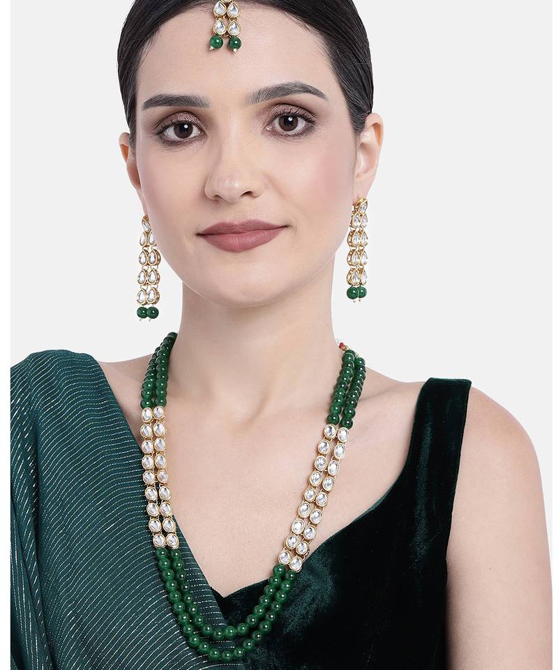 Aheli kundan faux bead layered long necklace earring mang tikka traditional jewellery set