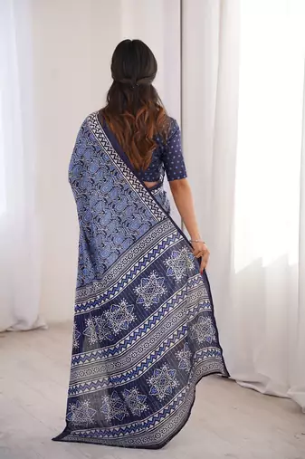 Indigo bloue piece with cotton printed saree