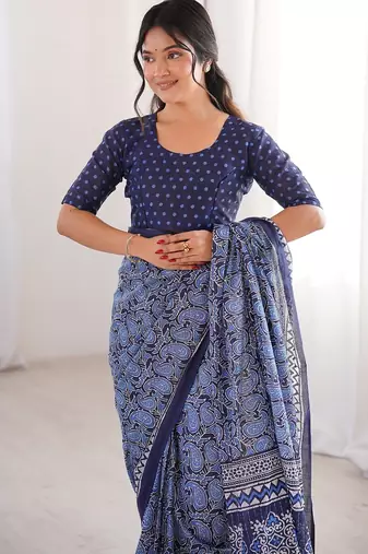 Indigo bloue piece with cotton printed saree