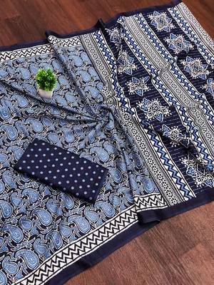 Indigo bloue piece with cotton printed saree 5