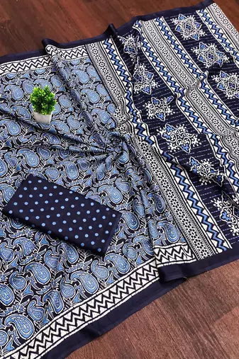 Indigo bloue piece with cotton printed saree