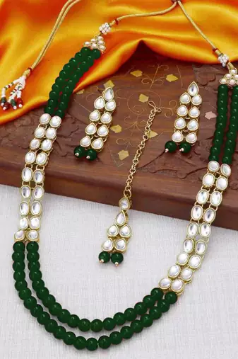 Aheli kundan faux bead layered long necklace earring mang tikka traditional jewellery set