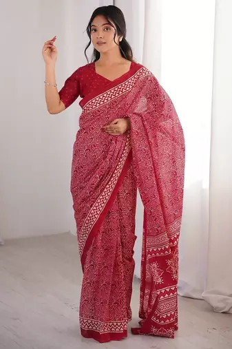 Pink bloue piece with cotton printed saree