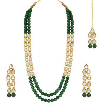 Aheli kundan faux bead layered long necklace earring mang tikka traditional jewellery set 3