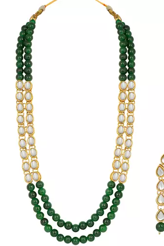 Aheli kundan faux bead layered long necklace earring mang tikka traditional jewellery set