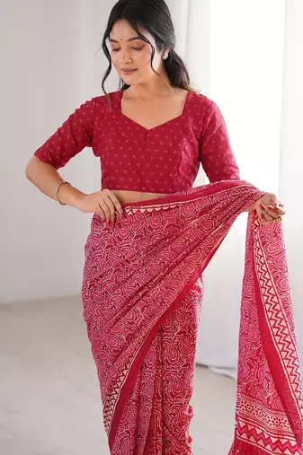 Pink bloue piece with cotton printed saree