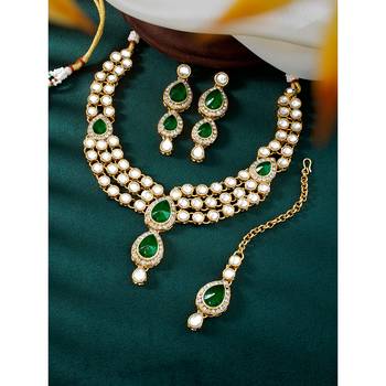 Aheli green traditional kundan long necklace with earring maang tikka jewellery set 1