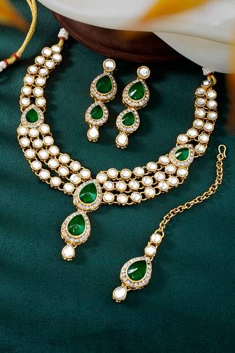 Aheli green traditional kundan long necklace with earring maang tikka jewellery set