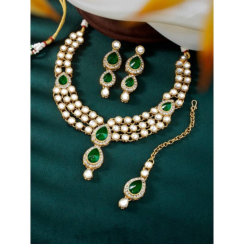 Aheli green traditional kundan long necklace with earring maang tikka jewellery set
