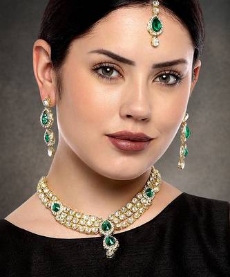 Aheli green traditional kundan long necklace with earring maang tikka jewellery set 2