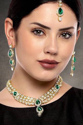 Aheli green traditional kundan long necklace with earring maang tikka jewellery set