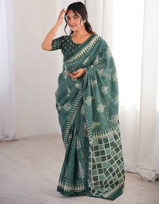 Green bloue piece with cotton printed saree 1