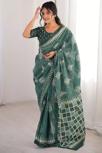 Green bloue piece with cotton printed saree