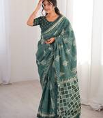 Green bloue piece with cotton printed saree