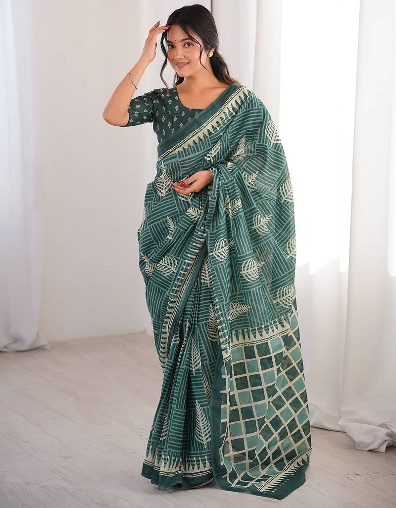 Green bloue piece with cotton printed saree