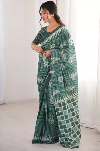 Green bloue piece with cotton printed saree