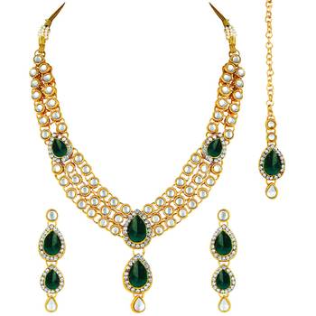 Aheli green traditional kundan long necklace with earring maang tikka jewellery set 3
