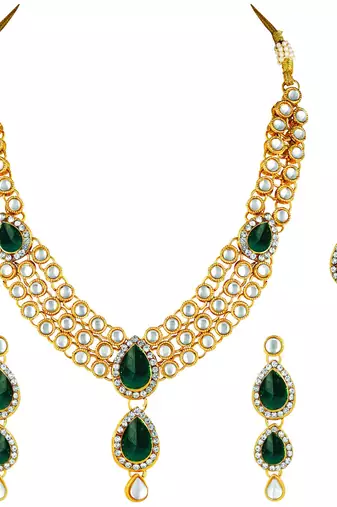 Aheli green traditional kundan long necklace with earring maang tikka jewellery set