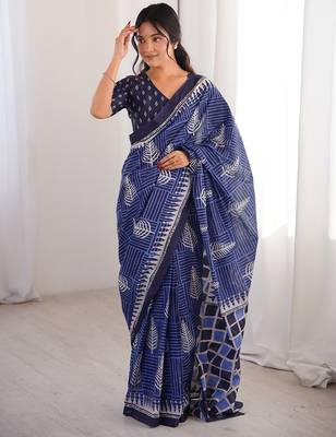 Indigo bloue piece with cotton printed saree 1