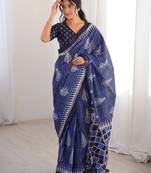 Indigo bloue piece with cotton printed saree