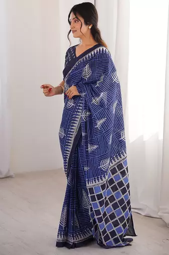 Indigo bloue piece with cotton printed saree