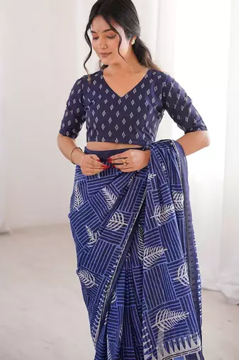 Indigo bloue piece with cotton printed saree