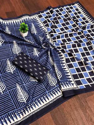 Indigo bloue piece with cotton printed saree 5