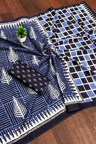 Indigo bloue piece with cotton printed saree