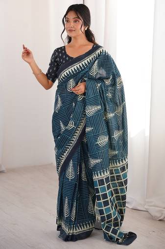 Teal bloue piece with cotton printed saree