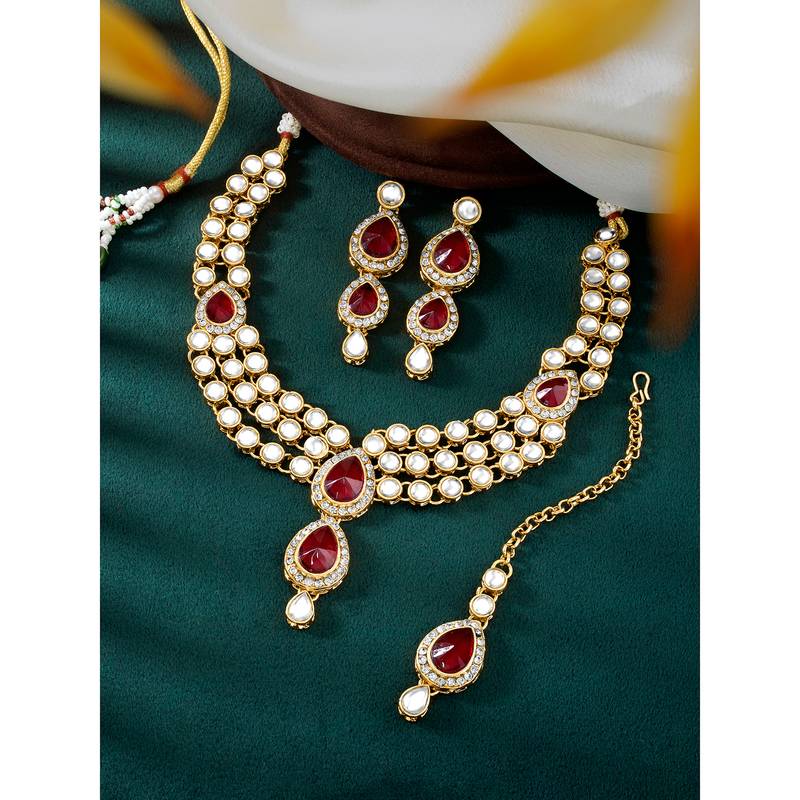 Aheli maroon traditional kundan long necklace with earring maang tikka jewellery set