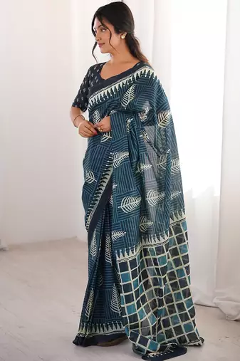 Teal bloue piece with cotton printed saree