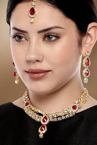 Aheli maroon traditional kundan long necklace with earring maang tikka jewellery set