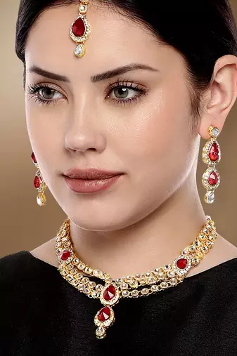 Aheli maroon traditional kundan long necklace with earring maang tikka jewellery set