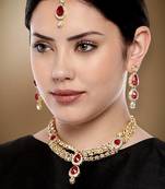Aheli maroon traditional kundan long necklace with earring maang tikka jewellery set