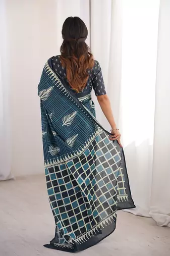 Teal bloue piece with cotton printed saree