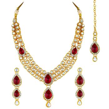 Aheli maroon traditional kundan long necklace with earring maang tikka jewellery set 3