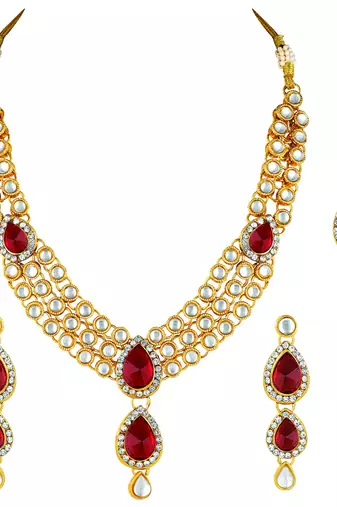 Aheli maroon traditional kundan long necklace with earring maang tikka jewellery set