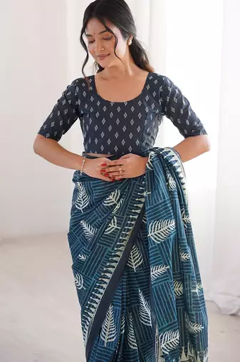 Teal bloue piece with cotton printed saree
