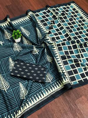 Teal bloue piece with cotton printed saree 5