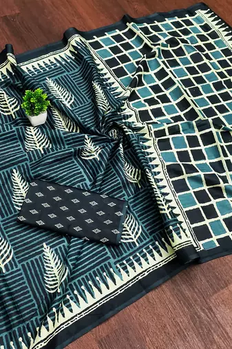 Teal bloue piece with cotton printed saree