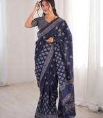 Indigo bloue piece with cotton printed saree