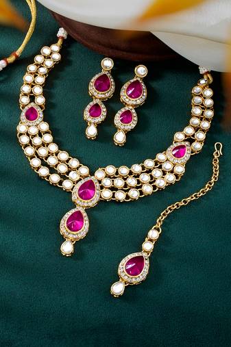 Aheli traditional rani pink kundan necklace earring maang tikka jewellery set