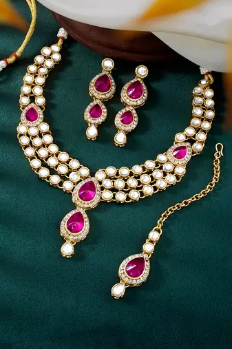 Aheli traditional rani pink kundan necklace earring maang tikka jewellery set