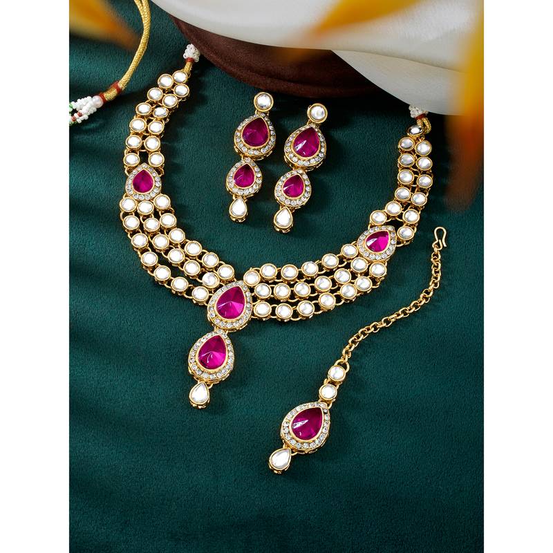 Aheli traditional rani pink kundan necklace earring maang tikka jewellery set