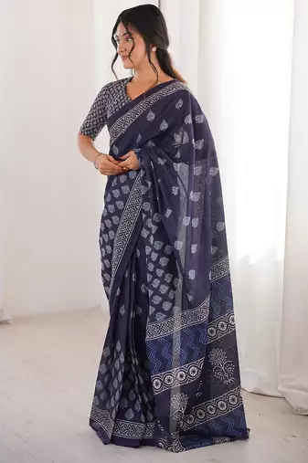 Indigo bloue piece with cotton printed saree