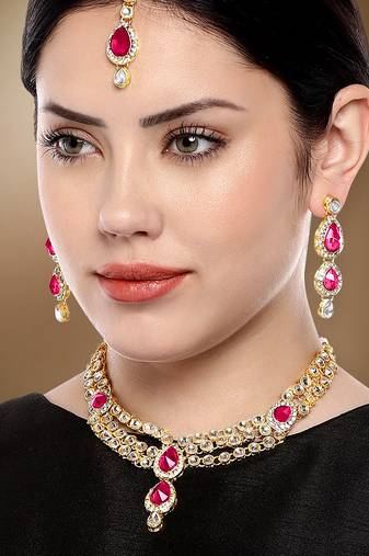 Aheli traditional rani pink kundan necklace earring maang tikka jewellery set