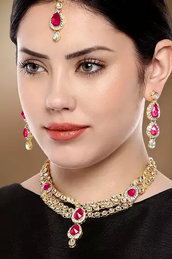 Aheli traditional rani pink kundan necklace earring maang tikka jewellery set