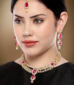 Aheli traditional rani pink kundan necklace earring maang tikka jewellery set