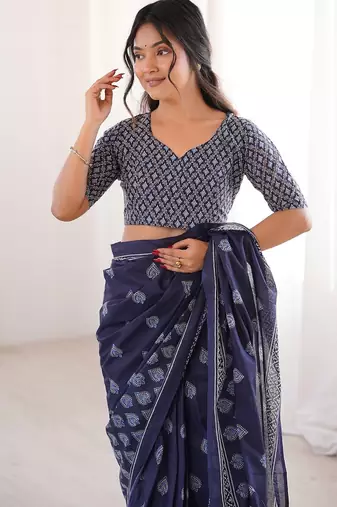 Indigo bloue piece with cotton printed saree